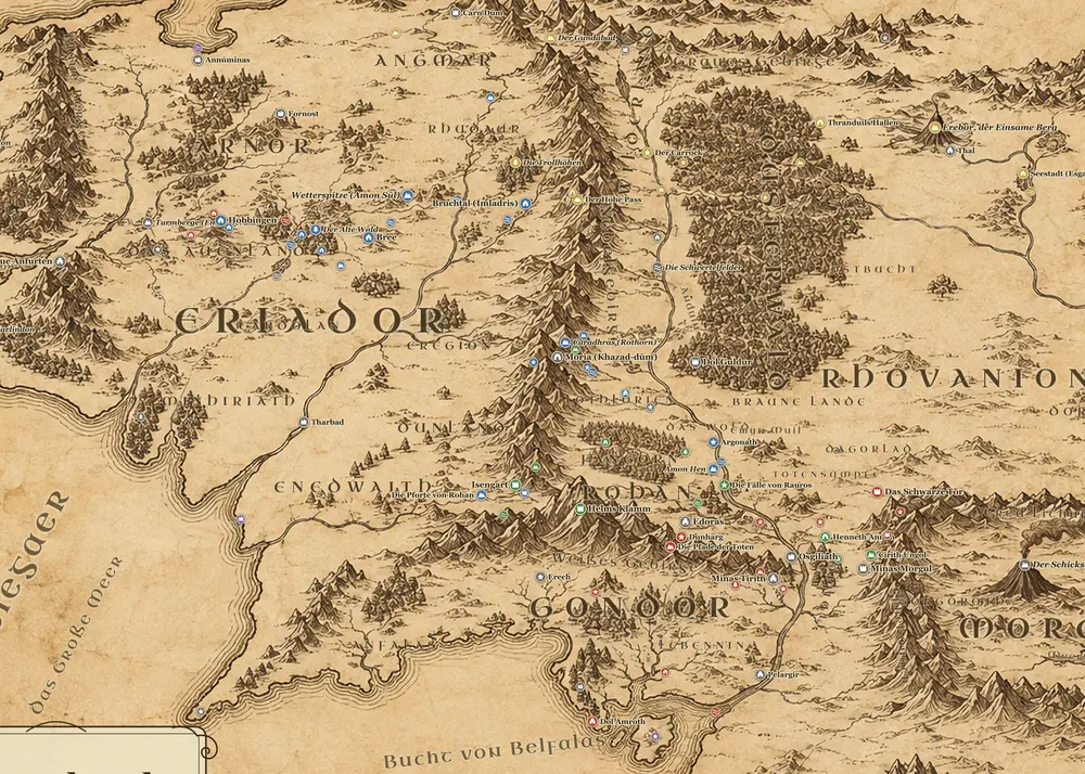 Frodos Weg zum Schicksalsberg auf der Karte von Mittelerde
