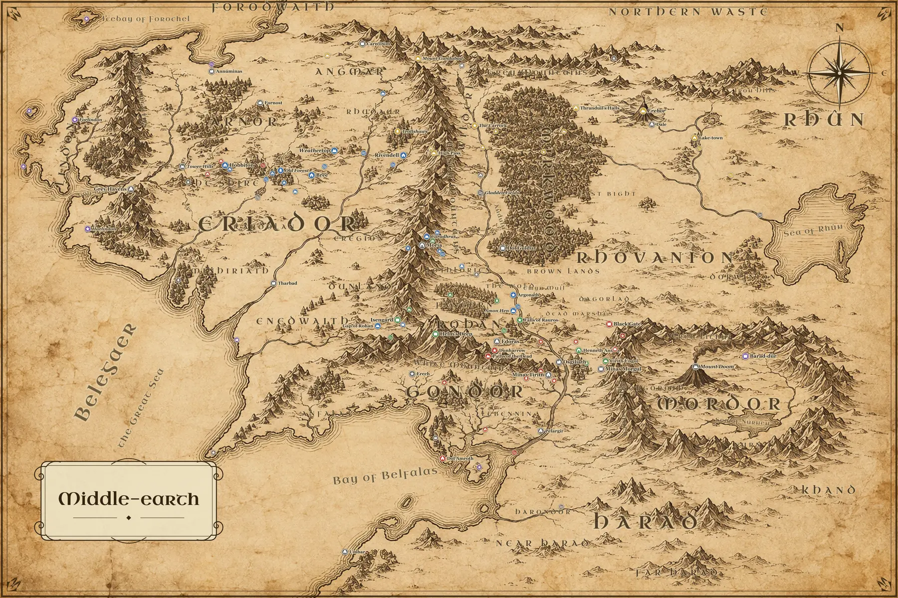 Painted map of Middle-earth showing the Shire, Rivendell, Rohan, Gondor and Mordor