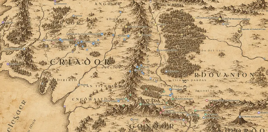 Mapa pintado de la Tierra Media con la Comarca, Rivendel, Rohan, Gondor y Mordor