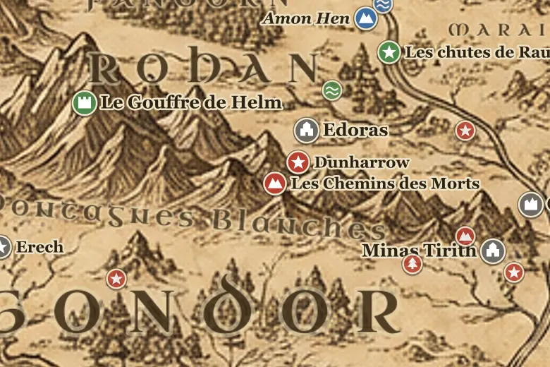 Les Chemins des Morts sur la carte de la Terre du Milieu