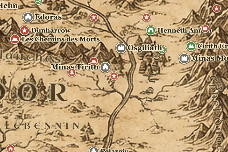 Les Champs du Pelennor sur la carte de la Terre du Milieu