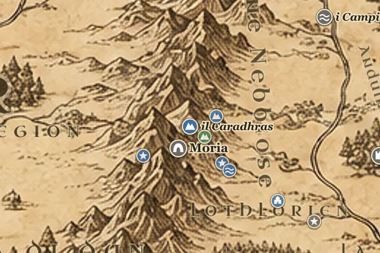 il Caradhras sulla mappa della Terra di Mezzo