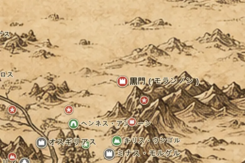 中つ国の地図上の黒門（モランノン）