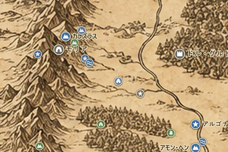 中つ国の地図上のロスローリエン