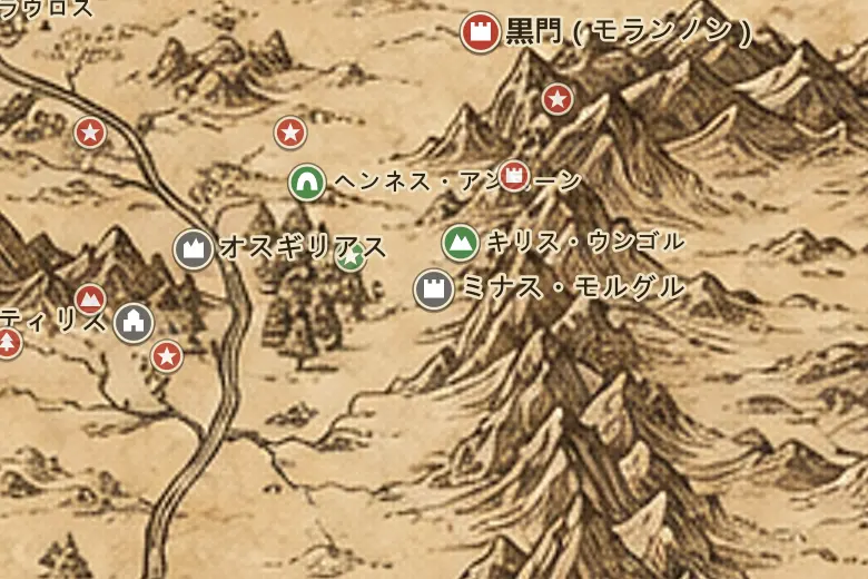 中つ国の地図上のミナス・モルグル