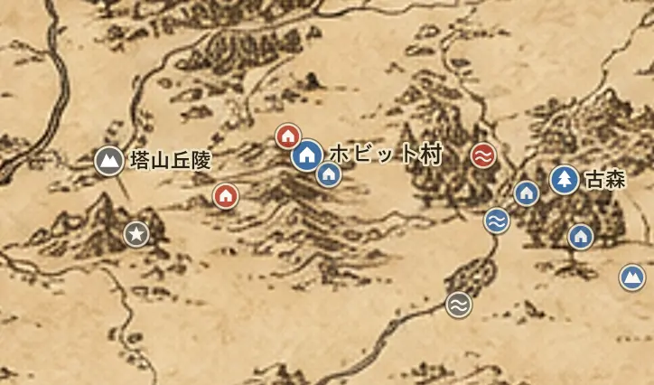中つ国の地図上のホビット庄